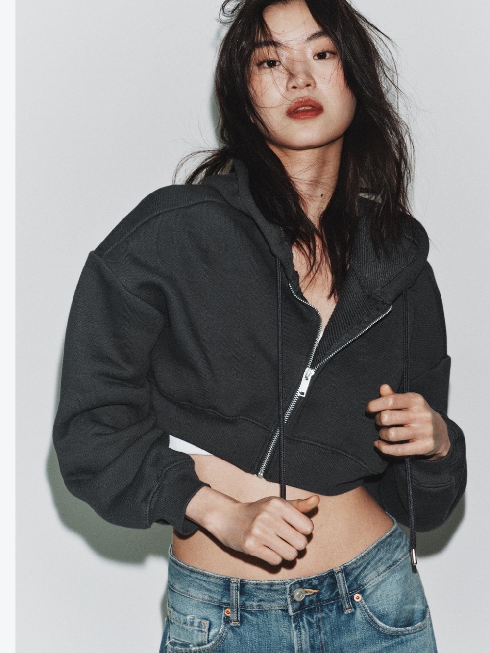 ZARA dark grey, cropped full-zip hoodie